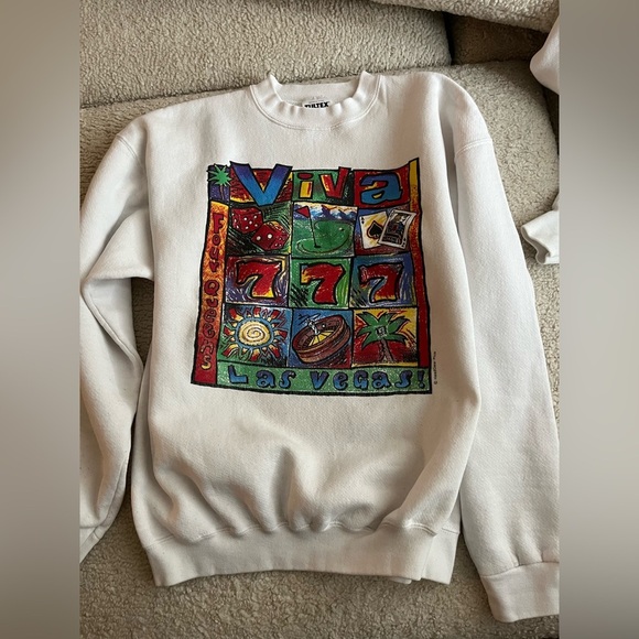 Fruit of the Loom Tops - Viva Las Vegas Graphic Sweater - White Vintage 1990s